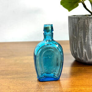 Vintage Blue Glass Bottle Horse Shoe Bitters Miniature 3.25" Tall